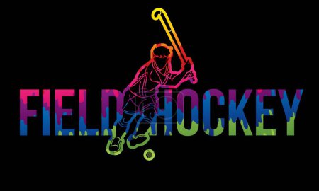 Illustration for Field Hockey Font Design with Male Player Action Cartoon Graphic Vector - Royalty Free Image