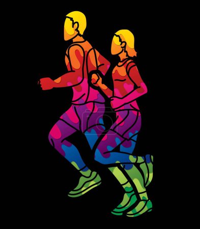 Ilustración de Grupo de personas corriendo juntas corredor maratón macho y hembra carrera acción dibujos animados deporte gráfico vector - Imagen libre de derechos