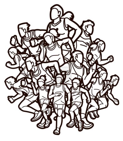 Téléchargez les illustrations : Groupe de personnes courant ensemble Runner Marathon Homme et Femme Course Action Cartoon Sport Graphic Vector - en licence libre de droit