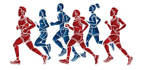 Illustration for Group of People Men and Women Running Together Marathon Runner Cartoon Sport Graphic Vector - Royalty Free Image