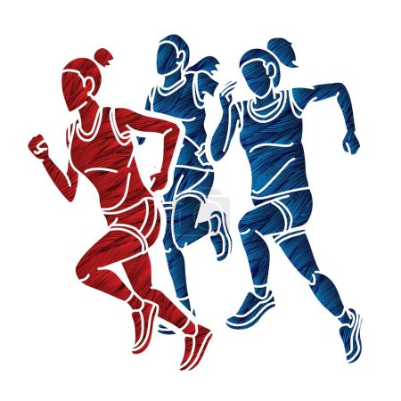 Téléchargez les illustrations : Les femmes commencent à courir ensemble Marathon Runner Action Cartoon Sport Graphic Vector - en licence libre de droit