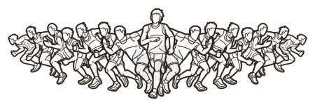 Téléchargez les illustrations : Les hommes commencent à courir ensemble Marathon Runner Action Cartoon Sport Graphic Vector - en licence libre de droit