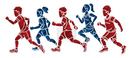 Téléchargez les illustrations : Groupe d'enfants courir ensemble Sport Garçon et fille commencer à courir vecteur graphique - en licence libre de droit