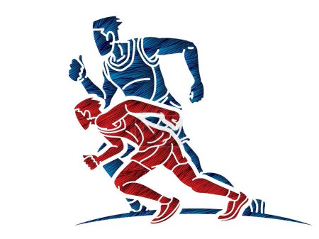 Illustration for Men Runner Mix Action Marathon Running Sport Cartoon Graphic Vector - Royalty Free Image