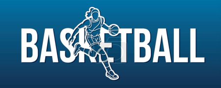 Téléchargez les illustrations : Basketball Action Joueuse Féminine avec Basketball Font Design Cartoon Sport Graphic Vector - en licence libre de droit