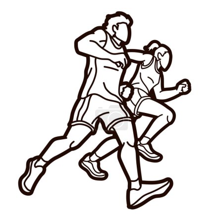 Illustration for Group of People  Running Together Runner Marathon Male and Female Run Action Cartoon Sport Graphic Vector - Royalty Free Image