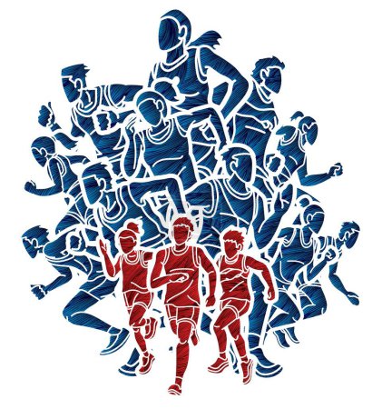 Téléchargez les illustrations : Groupe de personnes courant ensemble Runner Marathon Homme et Femme Course Action Cartoon Sport Graphic Vector - en licence libre de droit