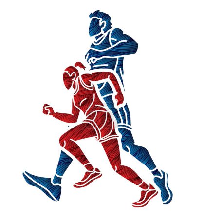 Ilustración de Grupo de personas corriendo juntas corredor maratón macho y hembra carrera acción dibujos animados deporte gráfico vector - Imagen libre de derechos