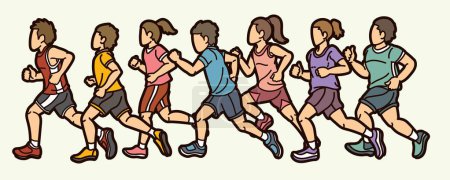 Téléchargez les illustrations : Enfants courant ensemble Garçon et fille commencent à courir Cartoon Sport Graphic Vector - en licence libre de droit