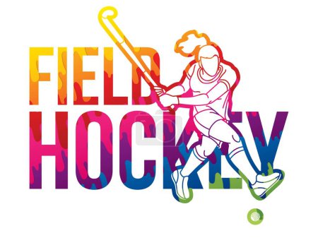 Illustration for Field Hockey Font Design with Female Player Action Cartoon Graphic Vector - Royalty Free Image