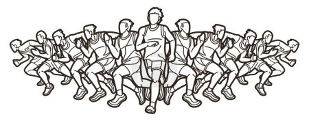 Téléchargez les illustrations : Groupe de personnes Commencez à courir Hommes Coureur Ensemble Marathon Courir Cartoon Sport Graphic Vector - en licence libre de droit