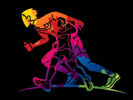 Téléchargez les illustrations : Groupe de personnes Commencez à courir Hommes Coureur Ensemble Marathon Courir Cartoon Sport Graphic Vector - en licence libre de droit