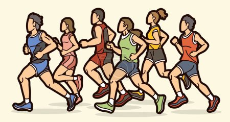 Illustration for Group of People Running Together Runner Marathon Mix Male and Female Jogger Cartoon Sport Graphic Vector - Royalty Free Image