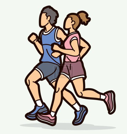 Ilustración de Grupo de personas corriendo juntas corredor maratón mezcla masculino y femenino corredor de dibujos animados deporte gráfico vector - Imagen libre de derechos