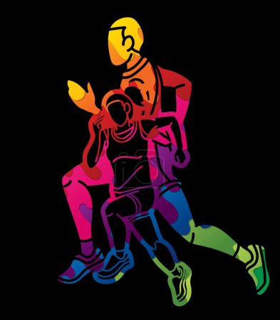 Téléchargez les illustrations : Groupe de personnes courant ensemble Runner Marathon Mix Homme et Femme Jogger Cartoon Sport Graphic Vector - en licence libre de droit
