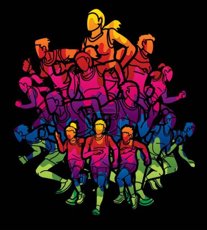 Téléchargez les illustrations : Groupe de personnes courant ensemble Runner Marathon Mix Homme et Femme Jogger Cartoon Sport Graphic Vector - en licence libre de droit