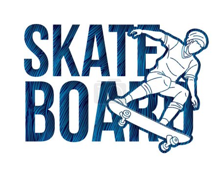 Téléchargez les illustrations : Texte de planche à roulettes conçu avec Skateboarder Action Extreme Sport Cartoon Graphic Vector - en licence libre de droit