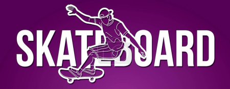Illustration for Skateboard Text Designed with Skateboarder Action Extreme Sport  Cartoon Graphic Vector - Royalty Free Image