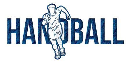 Téléchargez les illustrations : Texte de Handball Sport conçu avec Player Action Cartoon Sport Graphic Vector - en licence libre de droit
