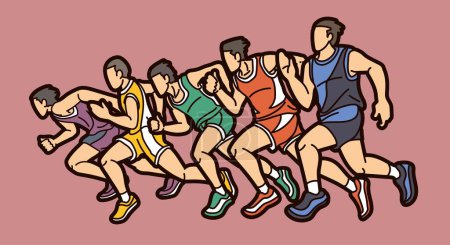 Ilustración de Grupo de personas corriendo acción maratón corredor dibujos animados deporte gráfico vector - Imagen libre de derechos