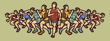 Illustration for Group of People Running Action Marathon Runner Cartoon Sport Graphic Vector - Royalty Free Image