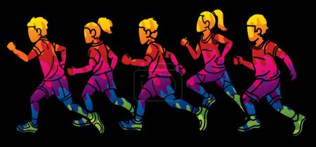 Ilustración de Grupo de niños comienzan a correr Runner Acción Jogging Together Cartoon Sport Vector gráfico - Imagen libre de derechos