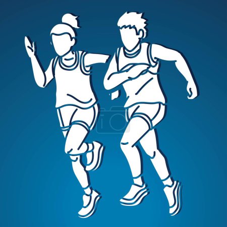 Téléchargez les illustrations : Groupe d'enfants Commencez à courir Coureur Action Jogging Ensemble Cartoon Sport Graphic Vector - en licence libre de droit