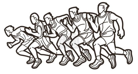 Ilustración de Grupo de hombres comienzan a correr Runner Acción Jogging Together Cartoon Sport Vector gráfico - Imagen libre de derechos