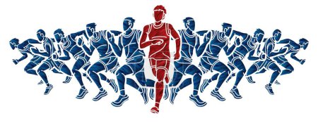 Téléchargez les illustrations : Groupe d'hommes Commencez à courir Runner Action Jogging Ensemble Cartoon Sport Graphic Vector - en licence libre de droit
