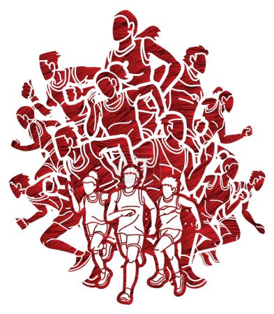 Téléchargez les illustrations : Groupe de personnes Début Coureur Action Hommes et Femmes Jogging Ensemble Cartoon Sport Graphic Vector - en licence libre de droit