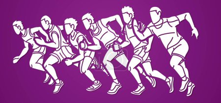 Téléchargez les illustrations : Commencez à courir Hommes Runner Action Jogging Ensemble Cartoon Sport Graphic Vector - en licence libre de droit