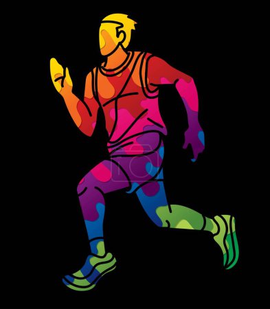 Téléchargez les illustrations : Un homme qui court Action Marathon Coureur Commencez à courir Mouvement Cartoon Sport Graphic Vector - en licence libre de droit