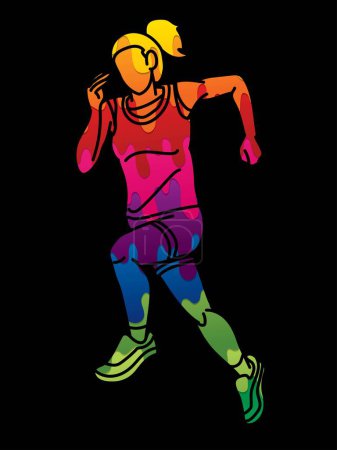 Téléchargez les illustrations : Un coureur de marathon d'action de course de femme commence à courir le vecteur graphique de sport de bande dessinée - en licence libre de droit