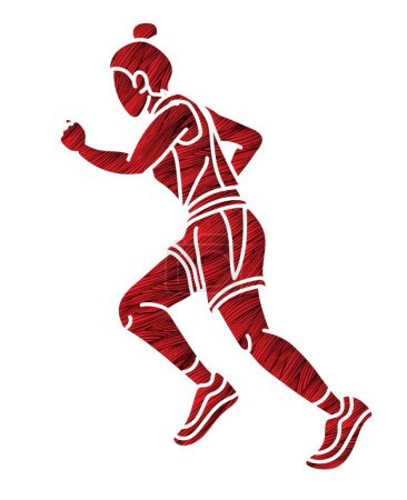 Téléchargez les illustrations : Marathon Runner Une femme commence à courir Action Cartoon Sport Graphic Vector - en licence libre de droit