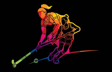 Illustration for Field Hockey Sport Female Players Mix Action Cartoon Graphic Vector - Royalty Free Image