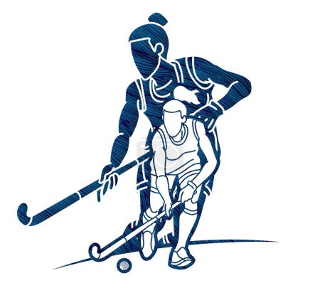 Téléchargez les illustrations : Hockey sur gazon Sport Joueuses Mélange Action Cartoon Graphic Vector - en licence libre de droit