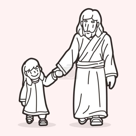 Téléchargez les illustrations : Jésus marchait tenant la main d'une petite fille remplie de chaleur Amour et Paix Suivez Jésus Cartoon Graphic Vector - en licence libre de droit