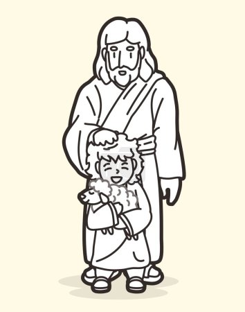 Ilustración de Jesús pone Sus Manos en Su Cabeza y Bendice al Niño Pastor sosteniendo un Vector Gráfico de Dibujos Animados de Cordero - Imagen libre de derechos
