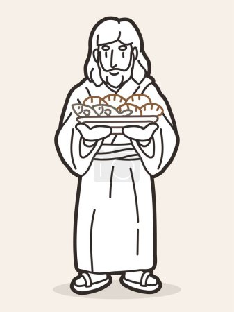 Ilustración de Jesús sostiene cinco panes y dos peces Vector gráfico de dibujos animados - Imagen libre de derechos