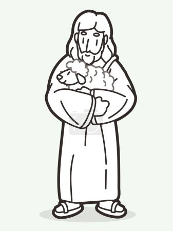 Téléchargez les illustrations : Jésus porte un agneau étreint dans une étreinte Il est un bon berger Cartoon Graphisme vecteur - en licence libre de droit