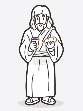 Téléchargez les illustrations : Jésus célèbre la communion avec le pain et le vin Dessin animé vecteur graphique - en licence libre de droit