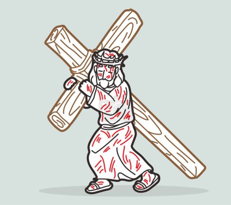 Illustration for Jesus Carries the Cross with Crown of Thorns and Blood Cartoon Graphic Vector - Royalty Free Image