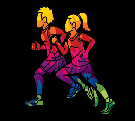 Illustration for Boy and Girl Start Running Action Jogging A Child Movement Cartoon Sport Graphic Vector - Royalty Free Image