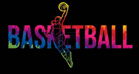 Téléchargez les illustrations : Basketball Action Joueuse Féminine avec Basketball Font Design Cartoon Sport Graphic Vector - en licence libre de droit