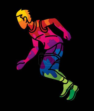 Ilustración de Un hombre corriendo acción velocidad movimiento maratón corredor dibujos animados deporte gráfico vector - Imagen libre de derechos