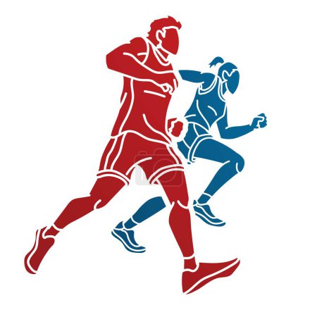 Ilustración de Grupo de personas corriendo juntas Hombre y mujer corredor Maratón Dibujos animados Deporte gráfico Vector - Imagen libre de derechos