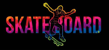 Ilustración de Skateboard Mujer Jugadora Acción Skateboarder con Texto Diseñado Dibujos Animados Extremo Deporte Gráfico Vector - Imagen libre de derechos