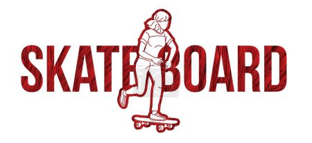 Illustration for Skateboard Female Player Action Skateboarder with Text Designed Cartoon Extreme Sport Graphic Vector - Royalty Free Image