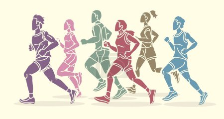 Illustration for Group of People Running Together Man and Woman Runner Marathon Cartoon Sport Graphic Vector - Royalty Free Image