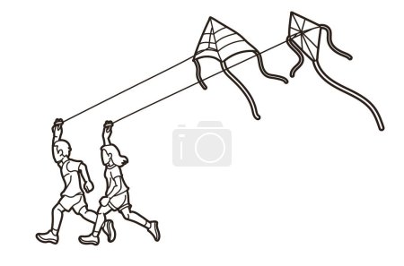 Illustration for Boy and Girl Running Fly a Kite Cartoon Graphic Vector - Royalty Free Image